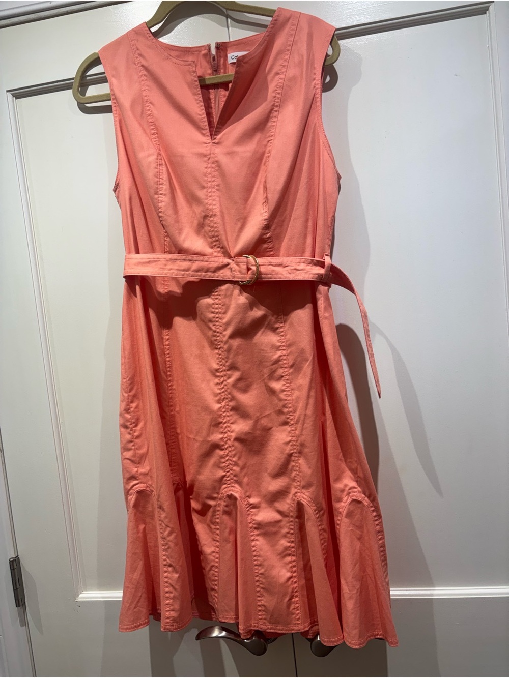 Calvin Klein Coral Sleeveless V-Neck Belted Flounce Dress - Picture 4 of 4